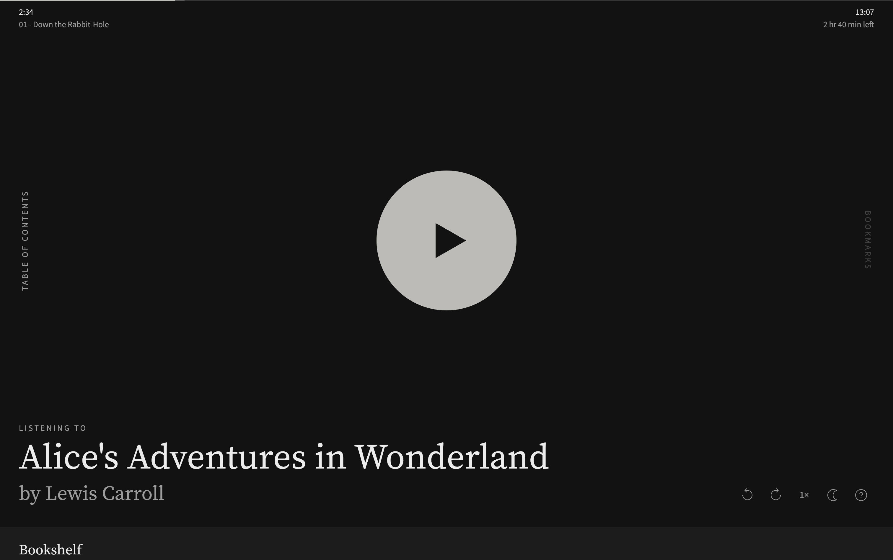 The web player, dark: chapter title and elapsed time above, a play button in the middle, Alice's Adventures in Wonderland by Lewis Carroll below it, table of contents and bookmarks turned sideways in the margins