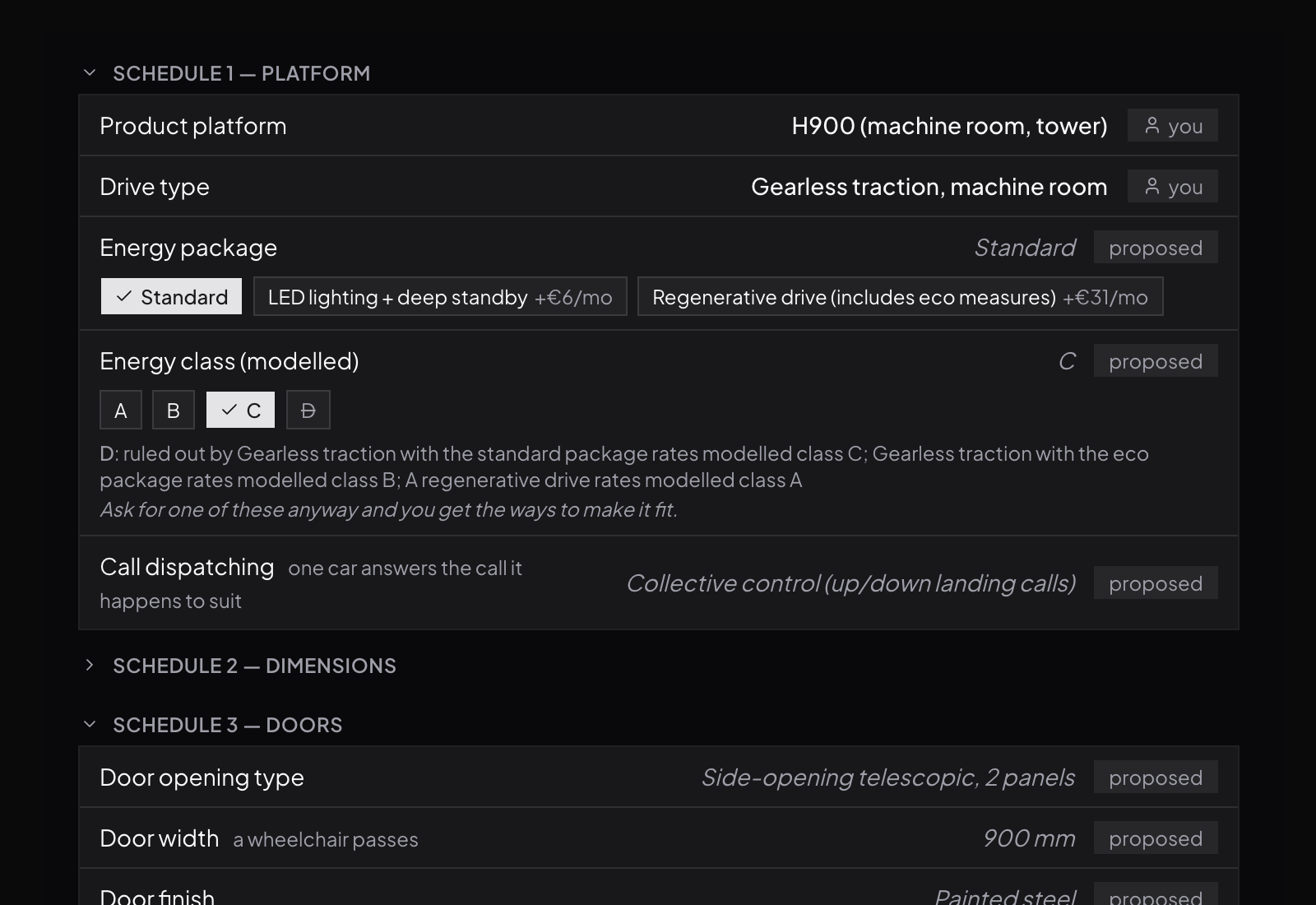 The agreement document open at its platform schedule: platform and drive type marked as chosen by you, energy package and class marked as proposed, with a note on which drive rates which class