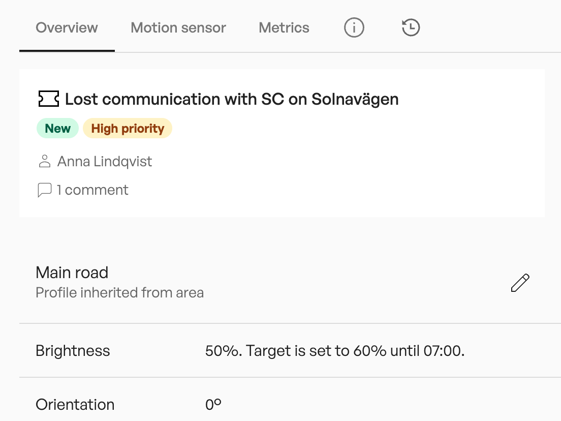A device panel: a high-priority ticket for lost communication, and the profile the device inherits from its area