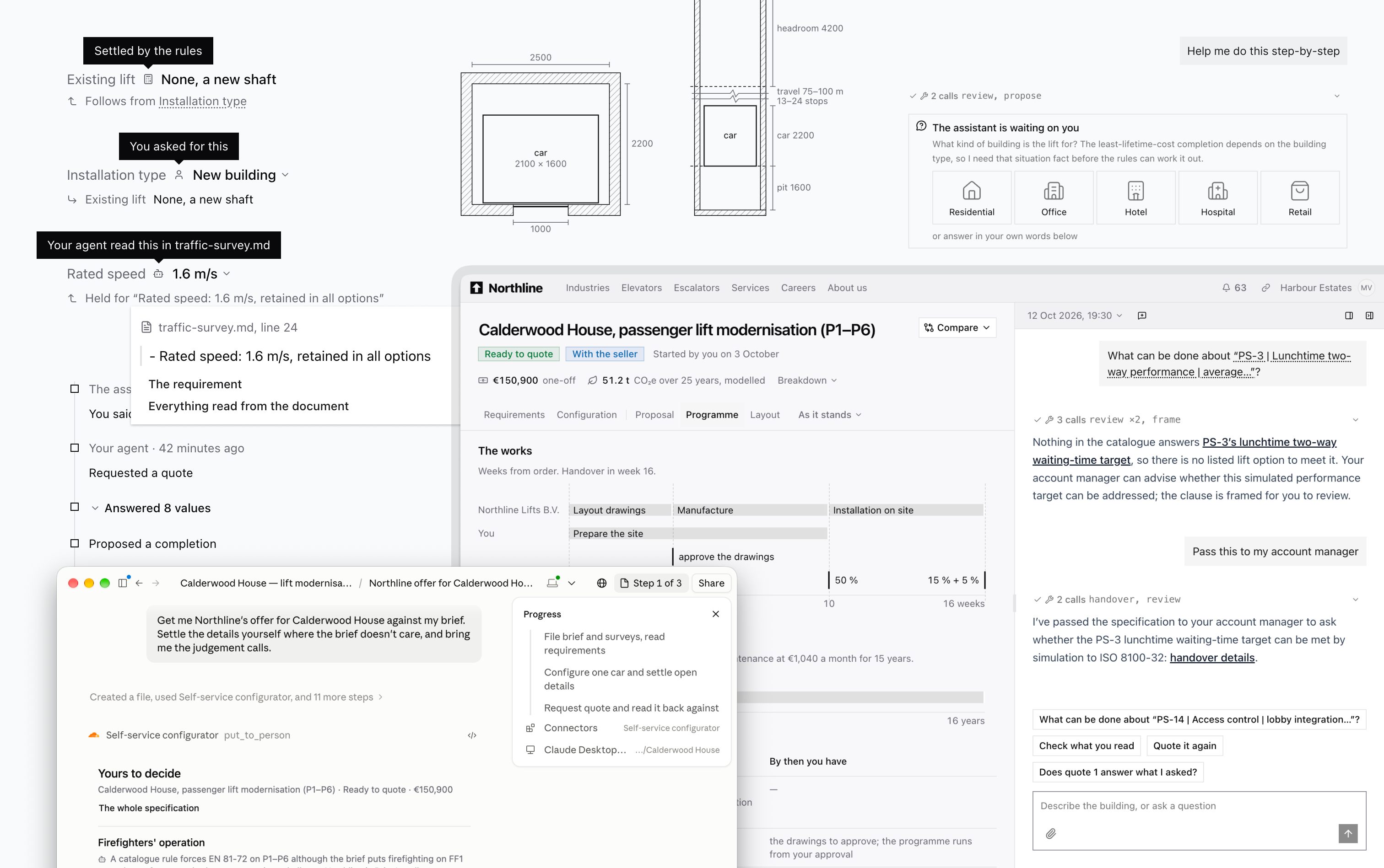 The workspace: a chat column on the left, and on the right the service agreement rendered as a document, with outcome terms above and the derived platform schedule below